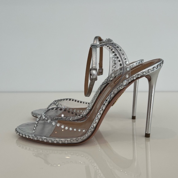 AQUAZZURA SILVER PVC LEATHER CRYSTAL SANDALS SIZE IT 38 / US 8 NEW IN BOX! - Picture 7 of 17
